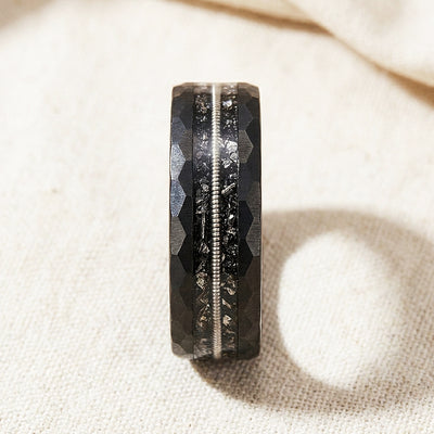 Blackcoil Hammered Guitar String Meteorite Tungsten Carbide Ring | Men's Ring