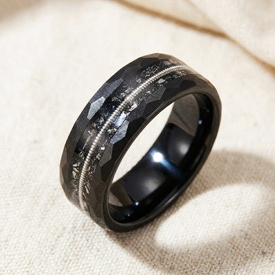 Blackcoil Hammered Guitar String Meteorite Tungsten Carbide Ring | Men's Ring