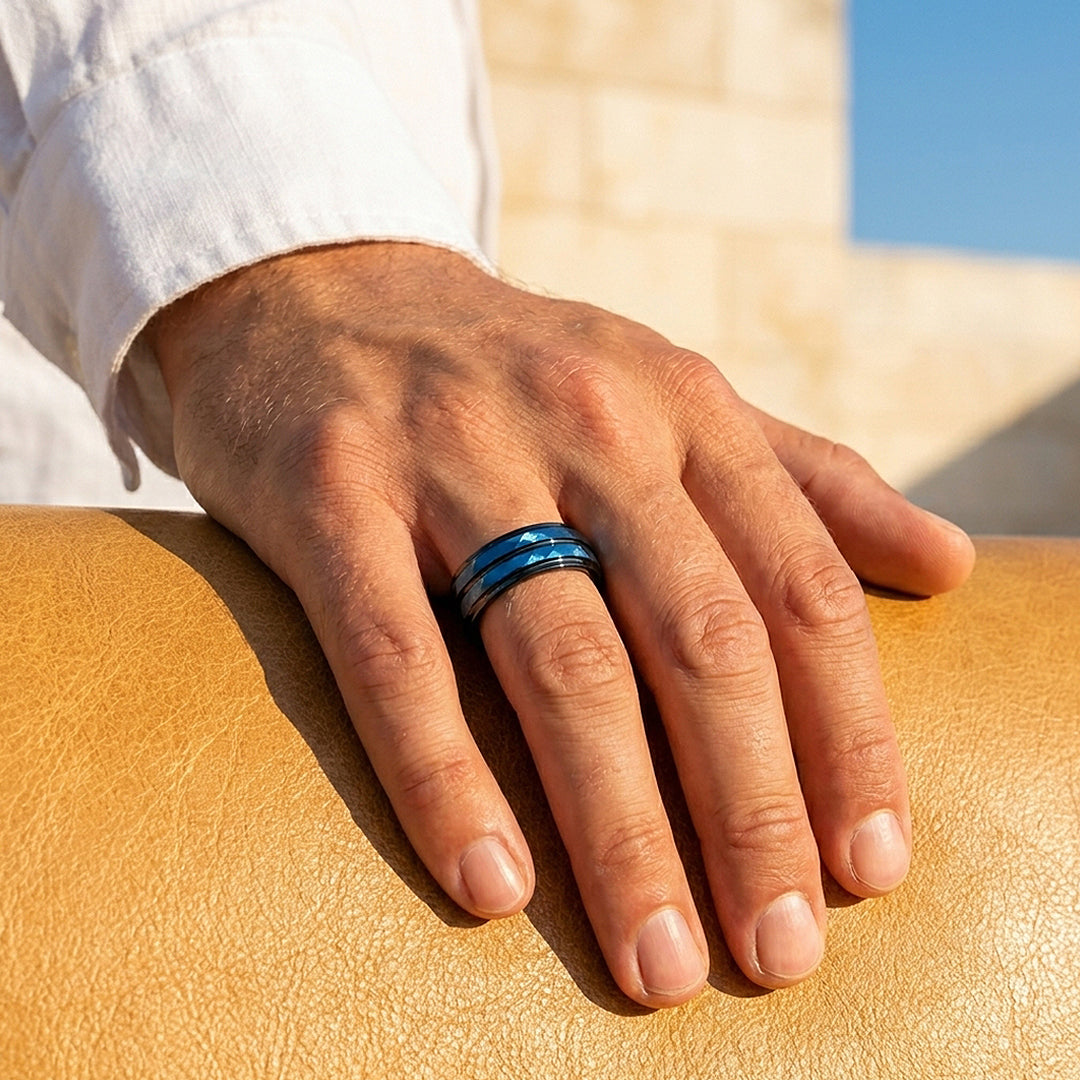 Blue Lake | Hammered Blue and Black Grooved Tungsten Carbide | Men's Ring