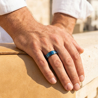 Blue Lake | Hammered Blue and Black Grooved Tungsten Carbide | Men's Ring