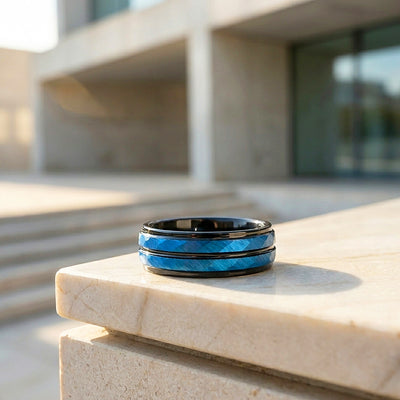 Blue Lake | Hammered Blue and Black Grooved Tungsten Carbide | Men's Ring