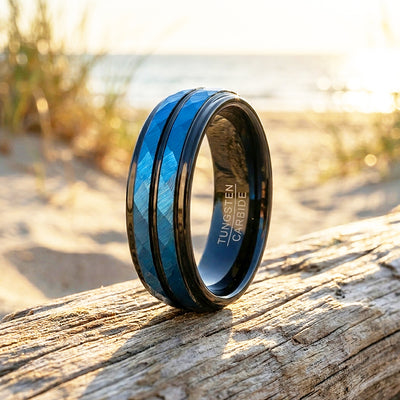 Blue Lake | Hammered Blue and Black Grooved Tungsten Carbide | Men's Ring