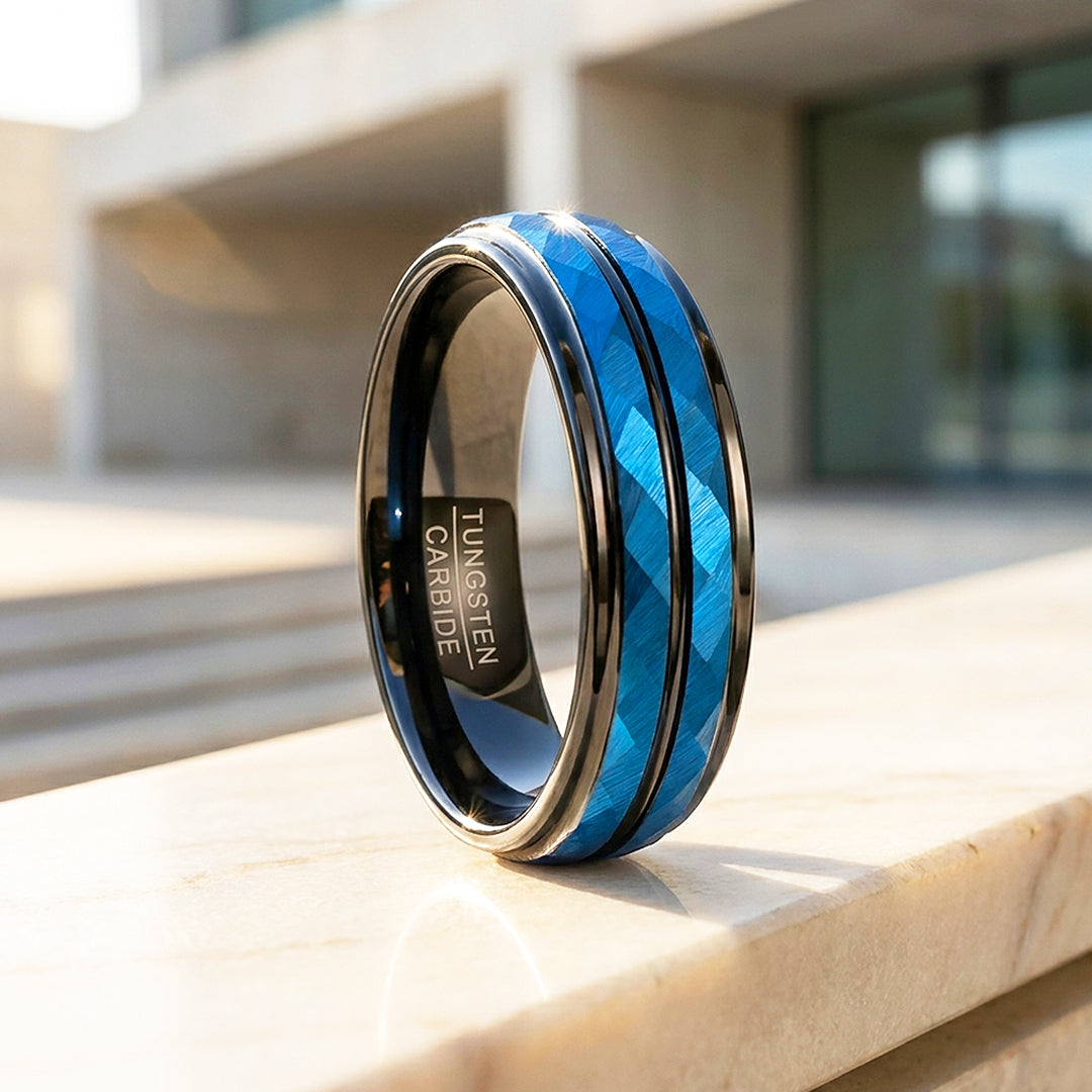 Blue Lake | Hammered Blue and Black Grooved Tungsten Carbide | Men's Ring