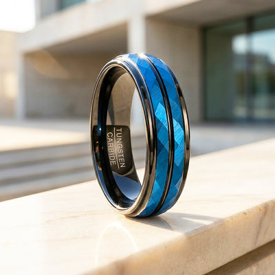 Blue Lake | Hammered Blue and Black Grooved Tungsten Carbide | Men's Ring