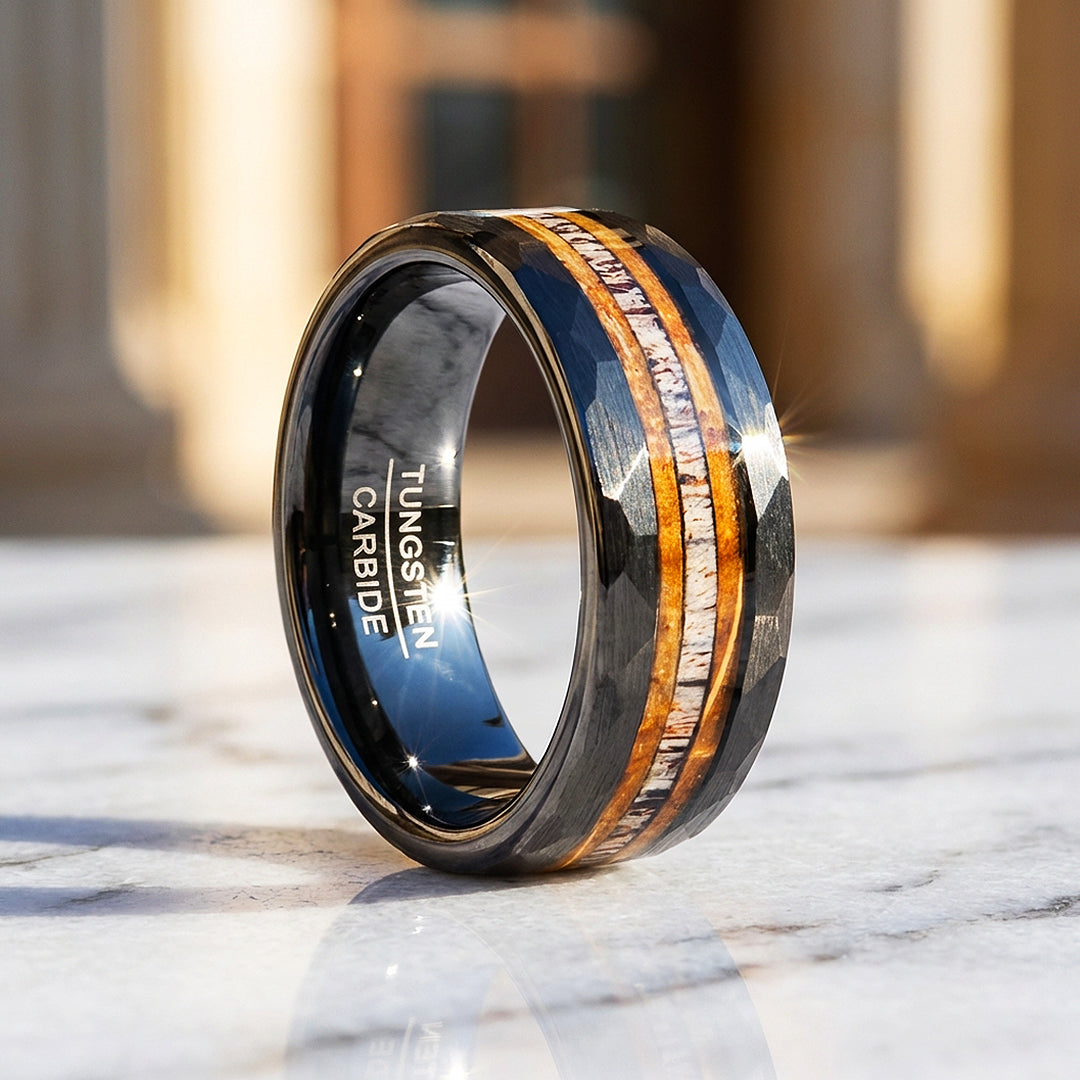 Canyon Grain Hammered Wood Tungsten Carbide Ring | Men's Ring