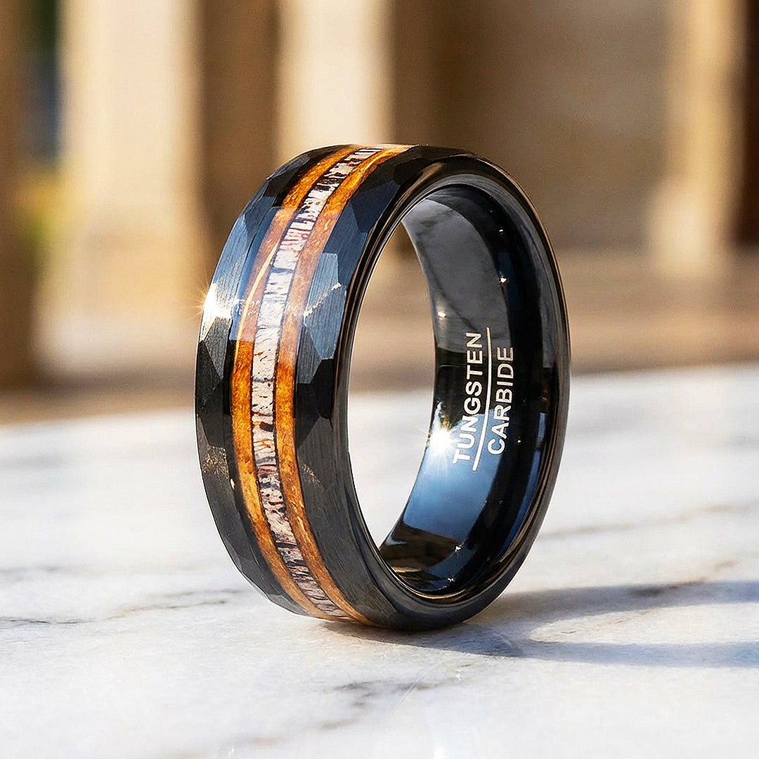 Canyon Grain Hammered Wood Tungsten Carbide Ring | Men's Ring