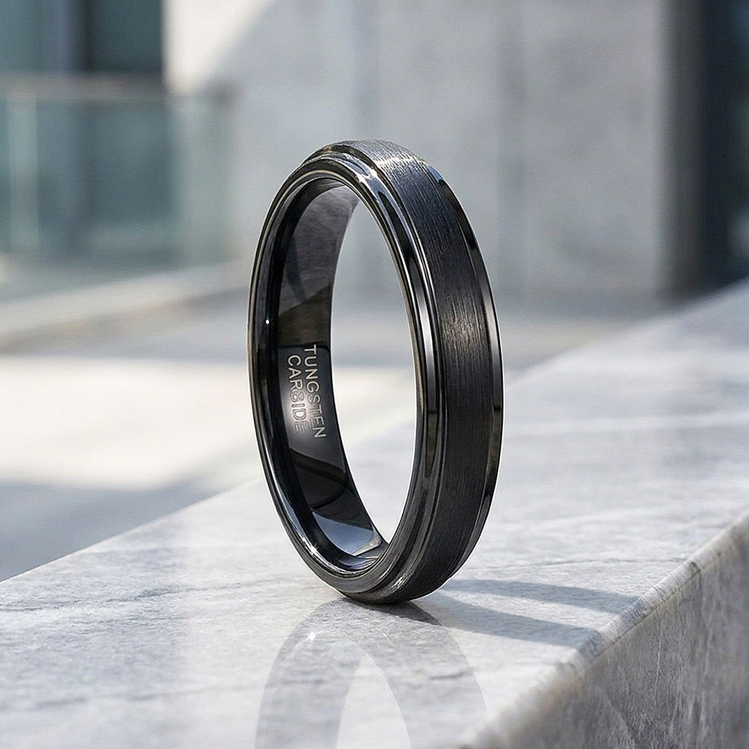 Carbonight | Black Brushed Stepped Edge Tungsten Carbide | Men's Ring