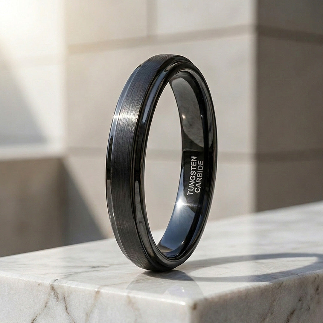 Carbonight | Black Brushed Stepped Edge Tungsten Carbide | Men's Ring