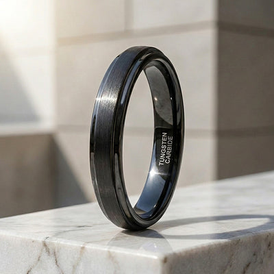 Carbonight | Black Brushed Stepped Edge Tungsten Carbide | Men's Ring