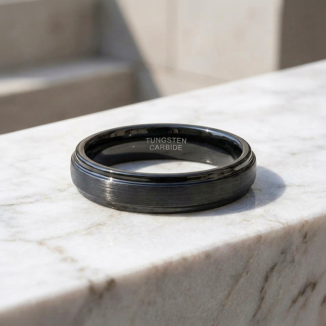 Carbonight | Black Brushed Stepped Edge Tungsten Carbide | Men's Ring