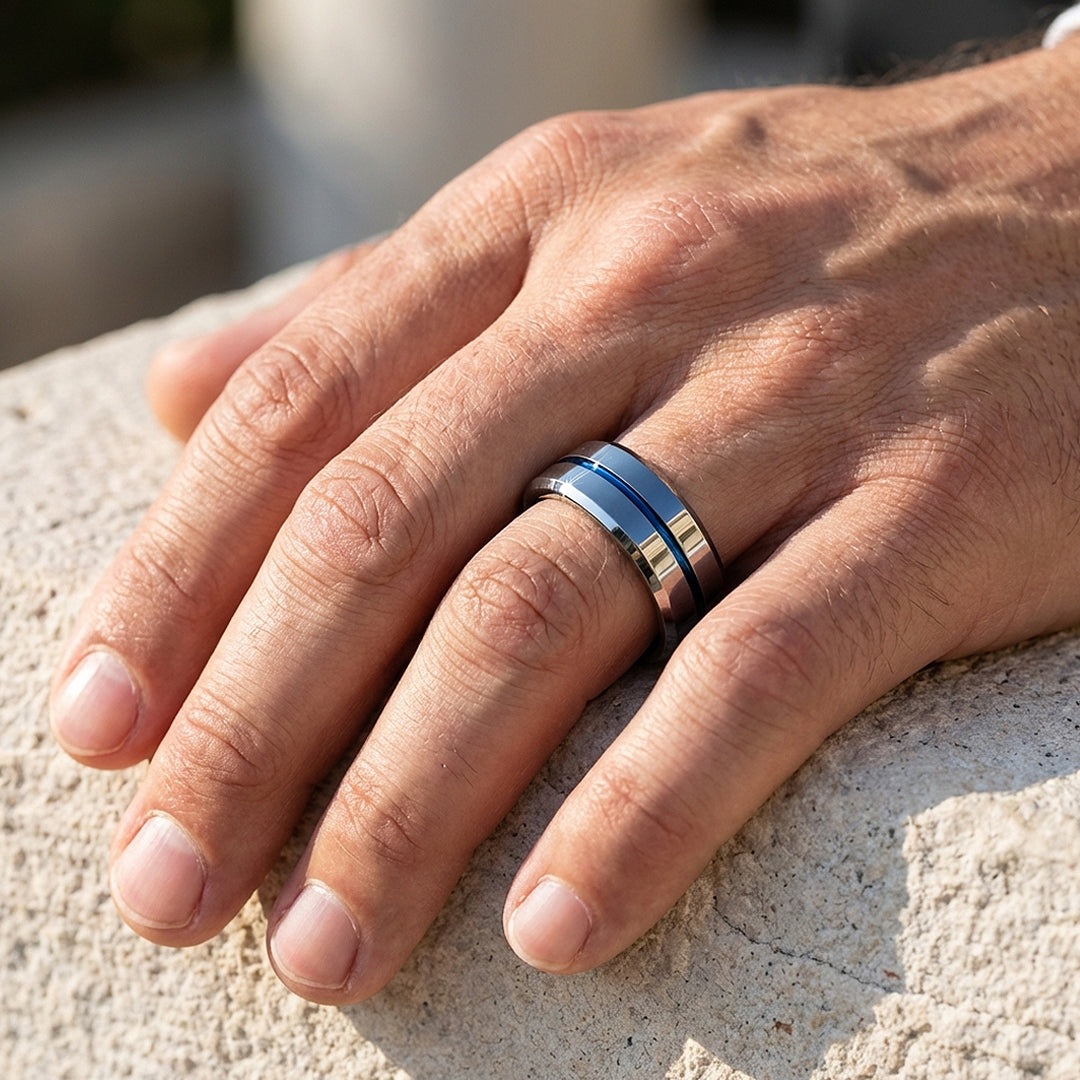 Chasin | Polished Blue Groove Tungsten Carbide Ring | Men's Ring