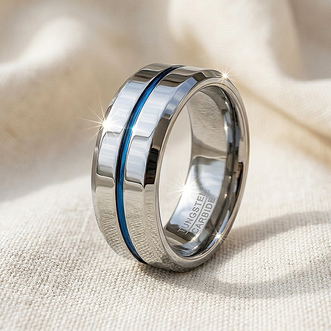 Chasin | Polished Blue Groove Tungsten Carbide Ring | Men's Ring