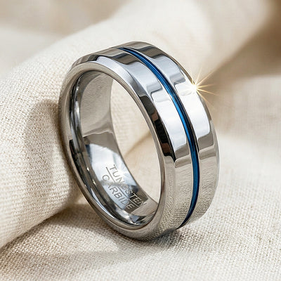 Chasin | Polished Blue Groove Tungsten Carbide Ring | Men's Ring