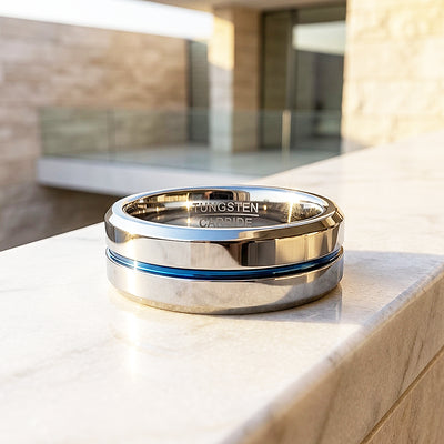 Chasin | Polished Blue Groove Tungsten Carbide Ring | Men's Ring