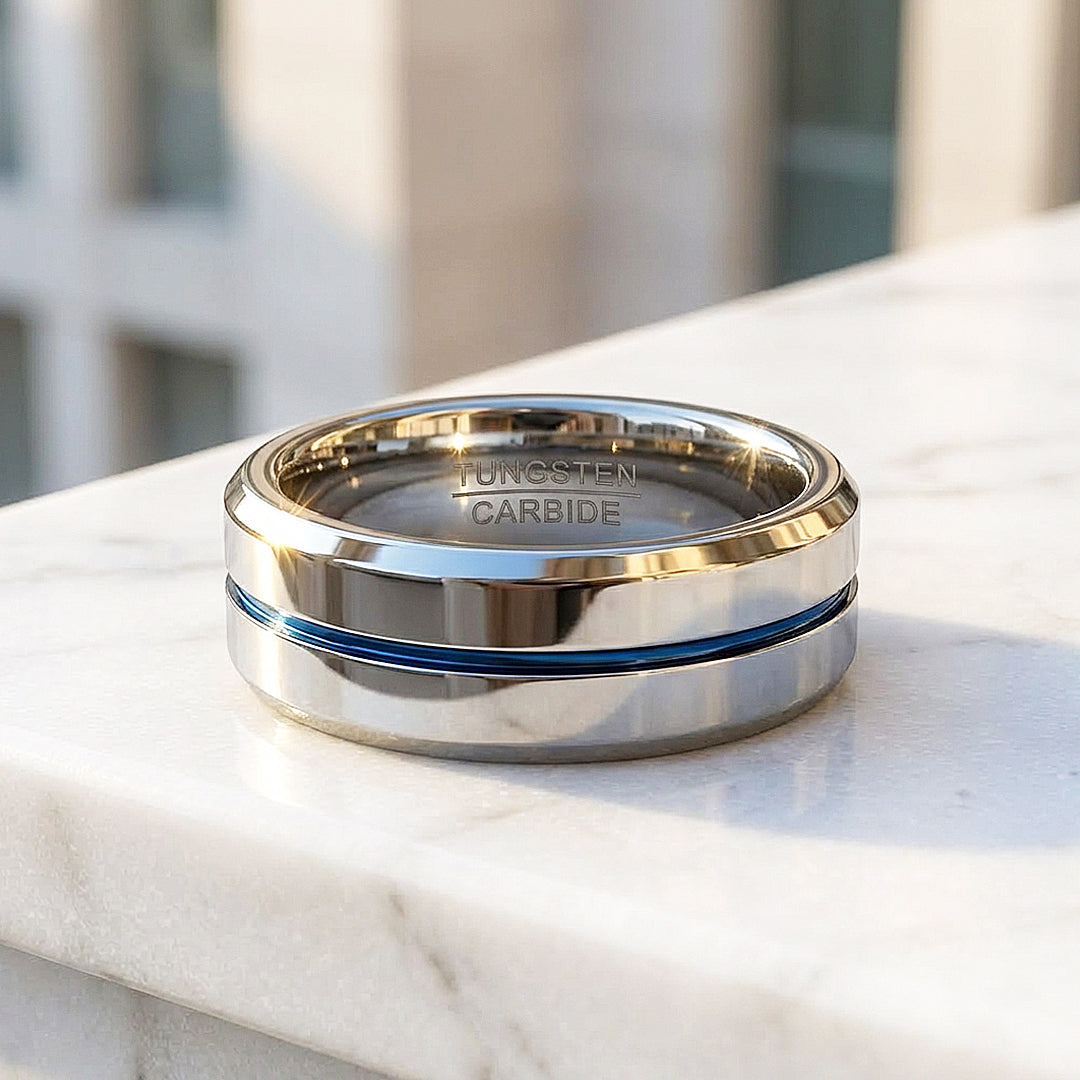 Chasin | Polished Blue Groove Tungsten Carbide Ring | Men's Ring
