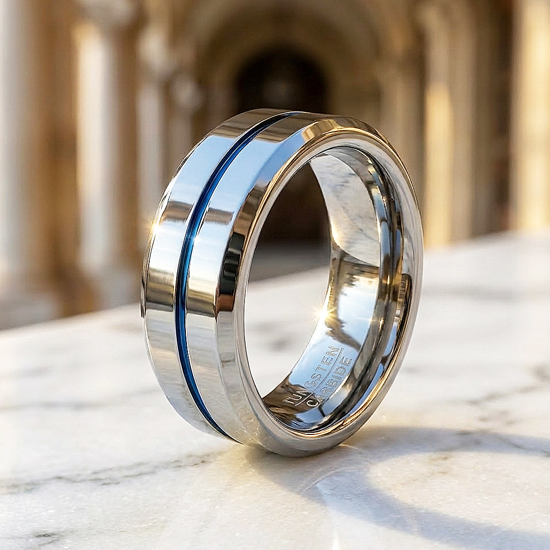 Chasin | Polished Blue Groove Tungsten Carbide Ring | Men's Ring