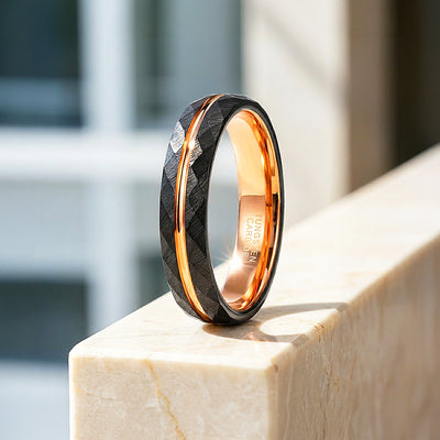Chimes | Hammered Black and Rose Gold Grooved Faceted Tungsten Carbide