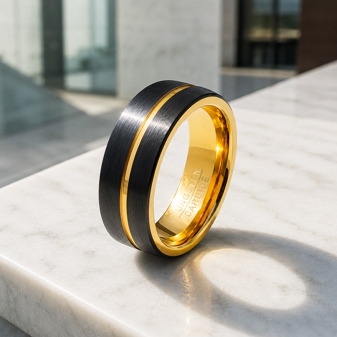 Cole | Brushed Black Gold Groove Tungsten Carbide Men's Ring