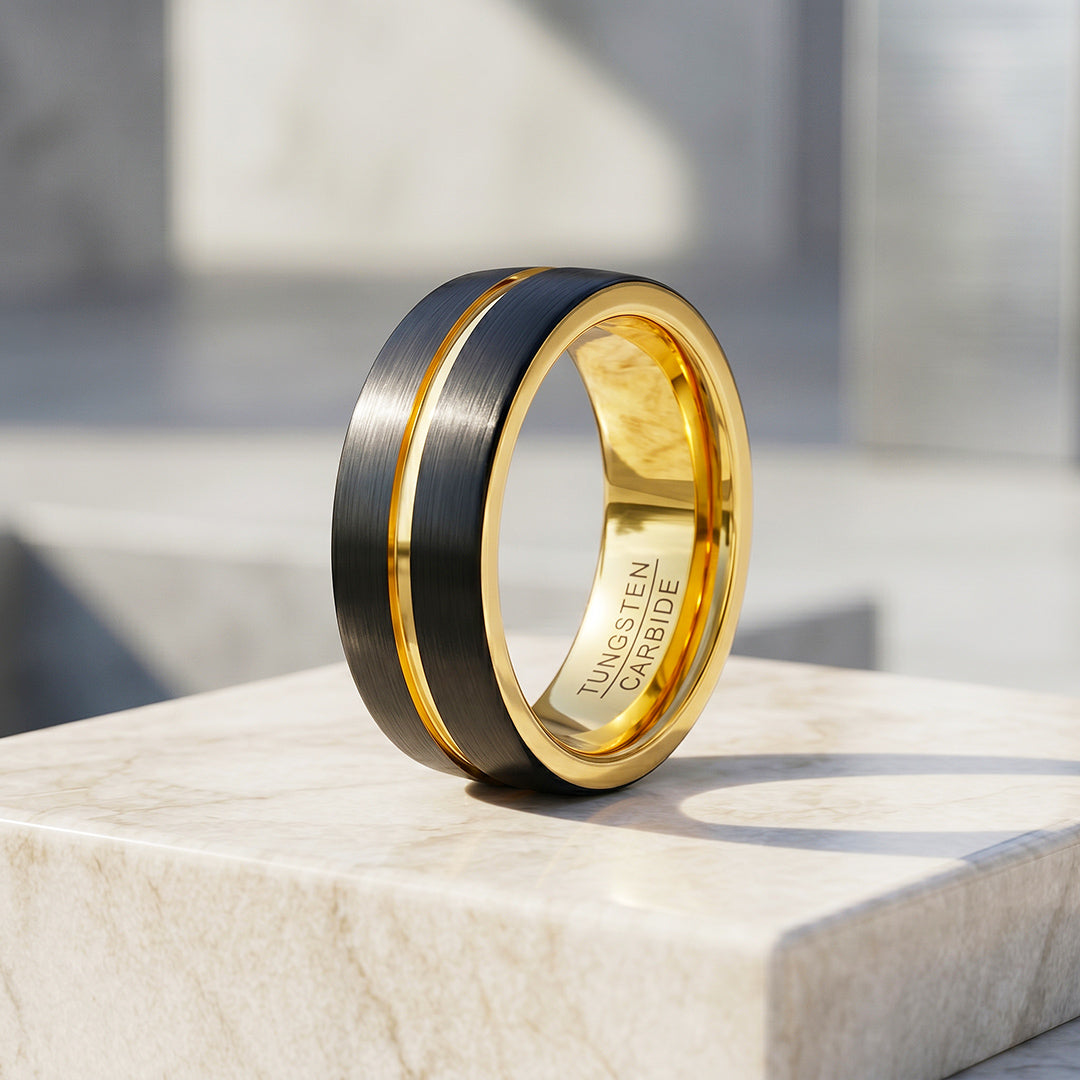 Cole | Brushed Black Gold Groove Tungsten Carbide Men's Ring
