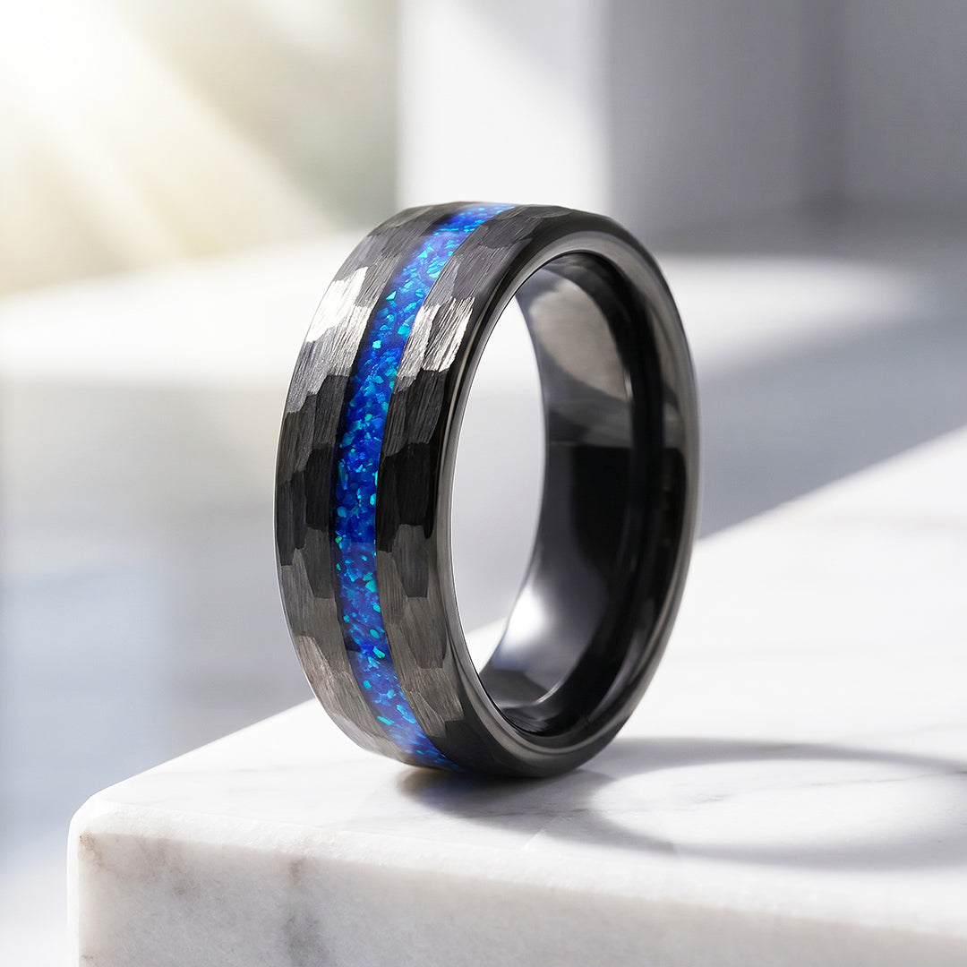 Crest | IP Black Hammered Blue Opal Inlay Tungsten Carbide | Men's Ring