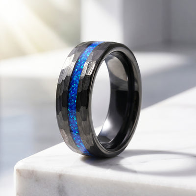Crest | IP Black Hammered Blue Opal Inlay Tungsten Carbide | Men's Ring