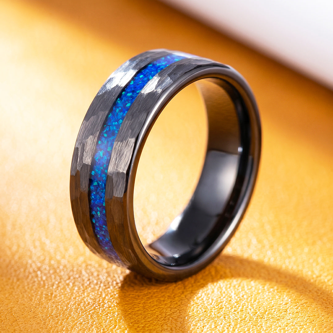Crest | IP Black Hammered Blue Opal Inlay Tungsten Carbide | Men's Ring