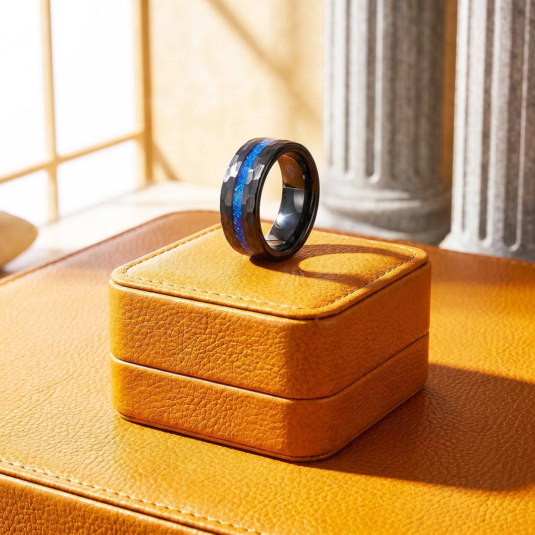 Crest | IP Black Hammered Blue Opal Inlay Tungsten Carbide | Men's Ring