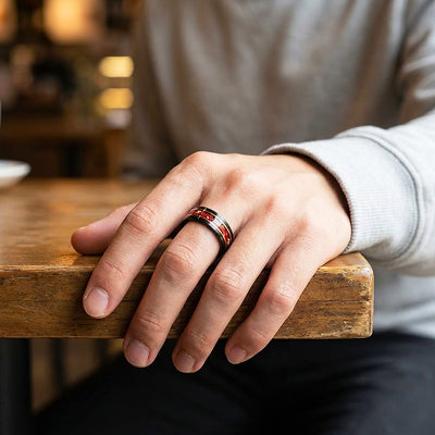 Crimson Forge Red Stone Black Tungsten Carbide Ring | Men's Ring