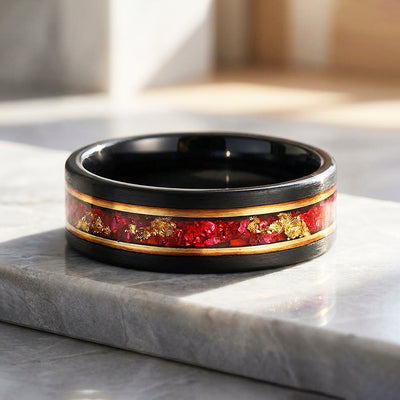 Crimson Forge Red Stone Black Tungsten Carbide Ring | Men's Ring