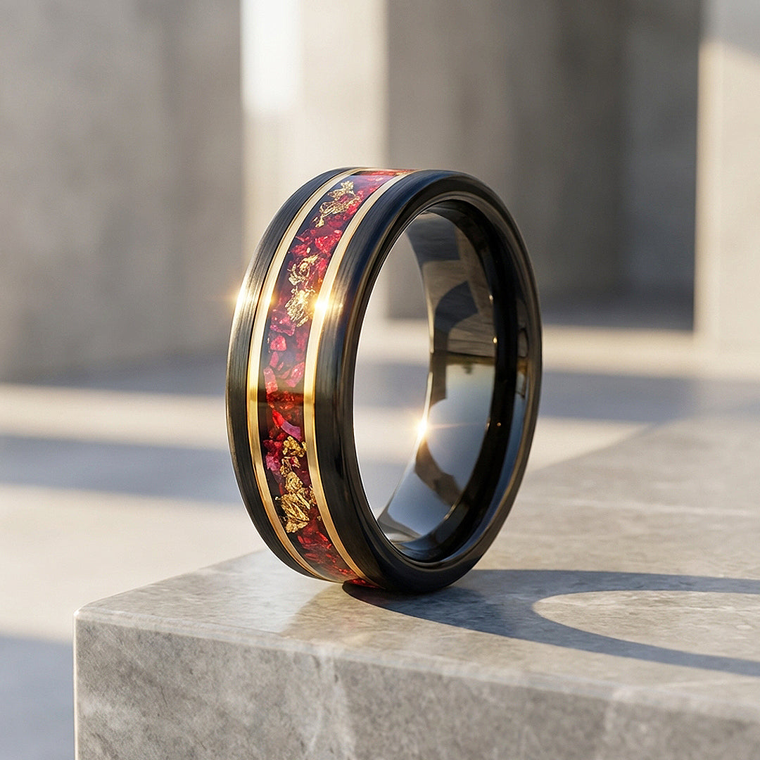 Crimson Forge Red Stone Black Tungsten Carbide Ring | Men's Ring