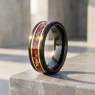 Crimson Forge Red Stone Black Tungsten Carbide Ring | Men's Ring