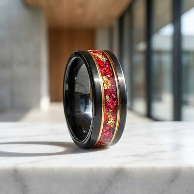 Crimson Forge Red Stone Black Tungsten Carbide Ring | Men's Ring