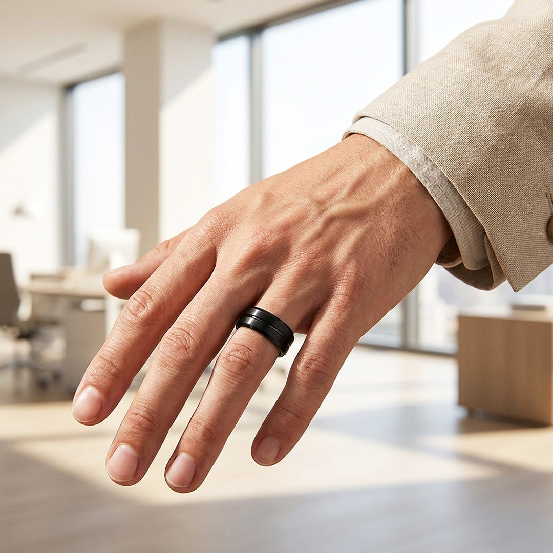 Evert | Black Brushed Center Groove Tungsten Ring | Men's Ring