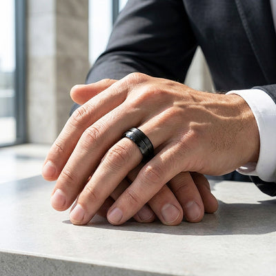 Evert | Black Brushed Center Groove Tungsten Ring | Men's Ring