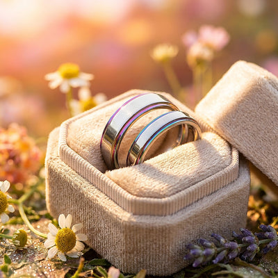 Fantasy | High-Polished Rainbow Grooved Flat Wedding Band