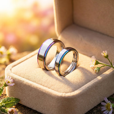 Fantasy | High-Polished Rainbow Grooved Flat Wedding Band