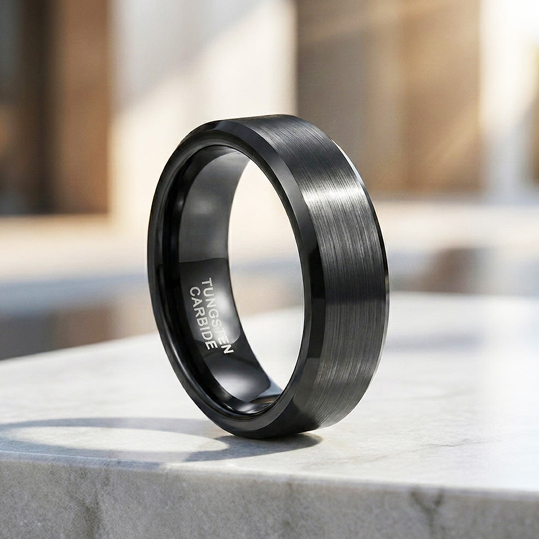 Fay | Black Brushed Bevelled Edge Tungsten Carbide | Men's Ring