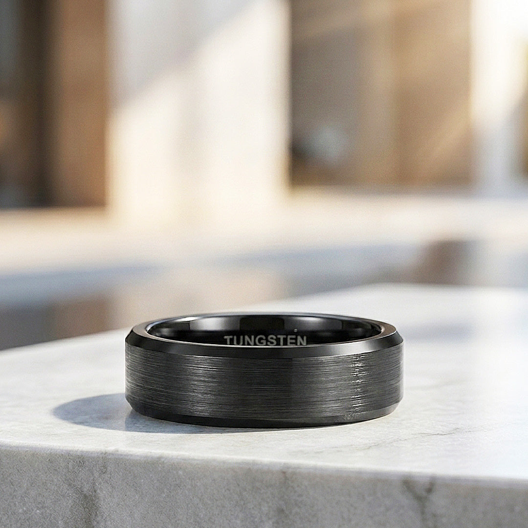 Fay | Black Brushed Bevelled Edge Tungsten Carbide | Men's Ring