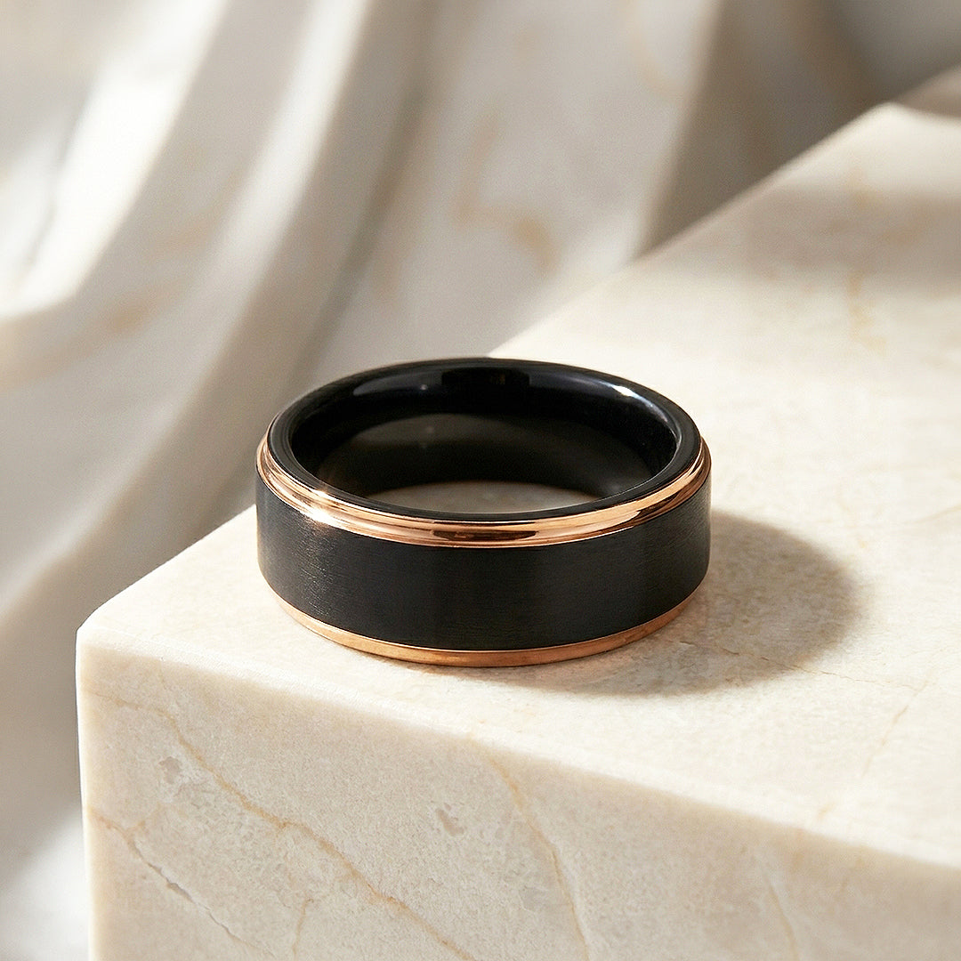 Fedor | Brushed Black and Rose Gold Tungsten Carbide | Men's Ring