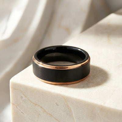 Fedor | Brushed Black and Rose Gold Tungsten Carbide | Men's Ring