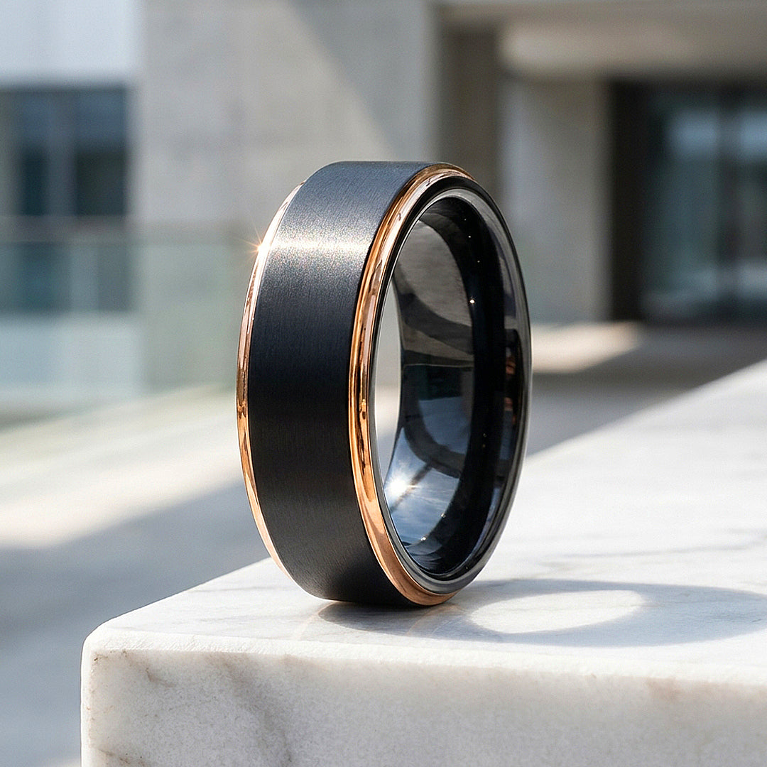 Fedor | Brushed Black and Rose Gold Tungsten Carbide | Men's Ring