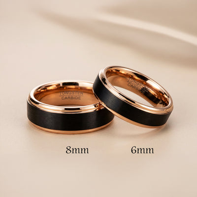Finnick | Tungsten Couple Rings | Black & Rose Gold Wedding Bands