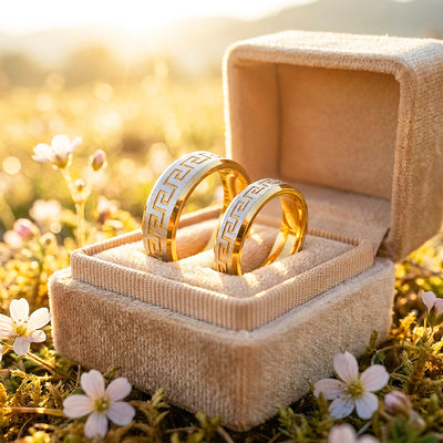 Flawlessly You | Engraved Greek Key Bevelled Flat Wedding Band