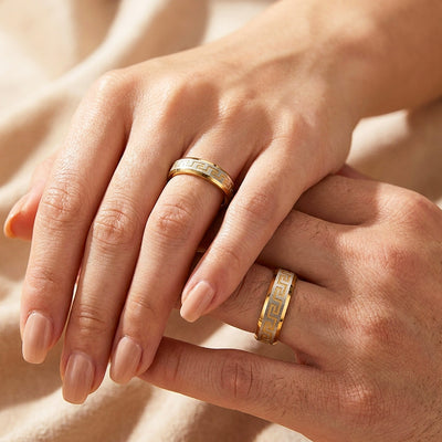 Flawlessly You | Engraved Greek Key Bevelled Flat Wedding Band