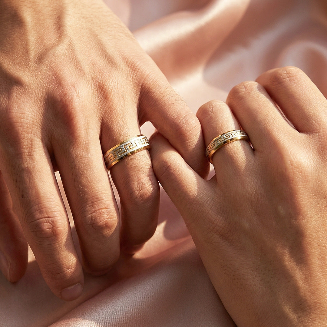 Flawlessly You | Engraved Greek Key Bevelled Flat Wedding Band