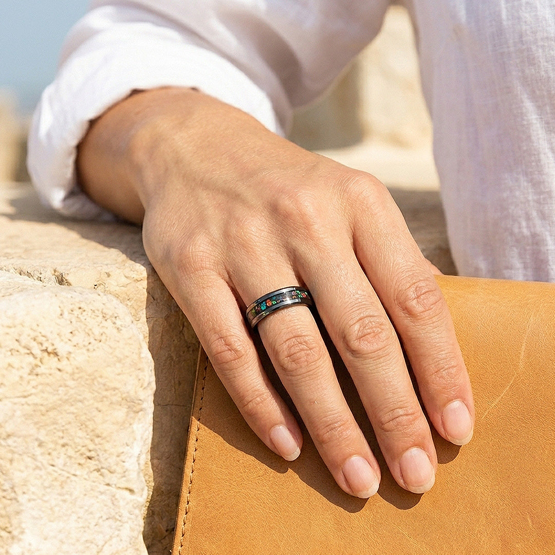 Fossil | Black High Polish Fire Opal Simulant Inlay Tungsten Carbide | Men's Ring