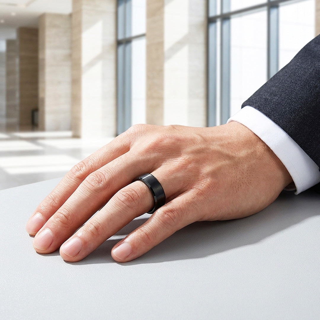 Fyodor | Black Matte Brushed Bevelled Edge Tungsten Carbide | Men's Ring