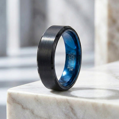 Gadget | Black Matte Bevelled Edge Blue Interior Tungsten Carbide | Men's Ring