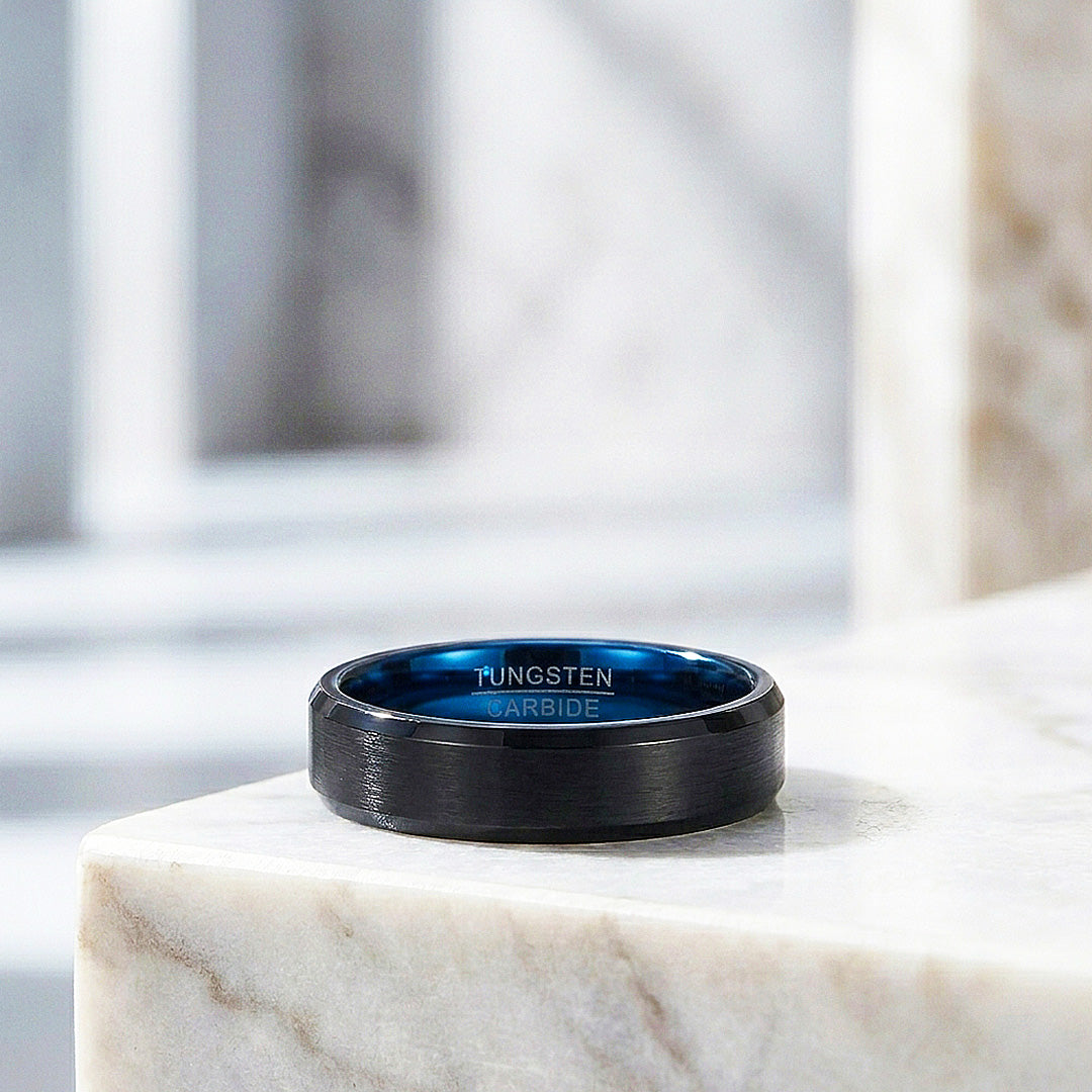 Gadget | Black Matte Bevelled Edge Blue Interior Tungsten Carbide | Men's Ring