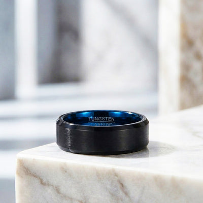 Gadget | Black Matte Bevelled Edge Blue Interior Tungsten Carbide | Men's Ring